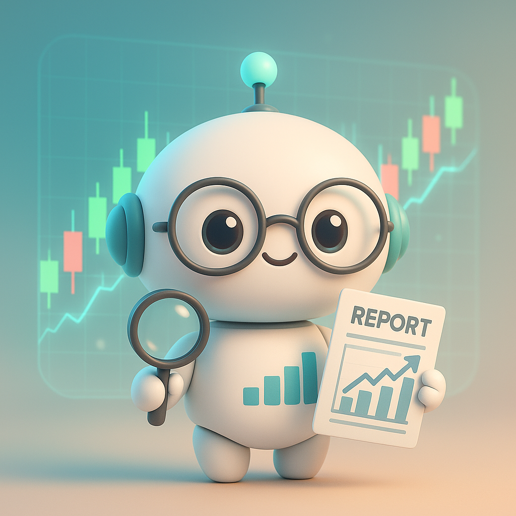 시장 리포트를 들고 있는 귀여운 리서치 로봇 일러스트